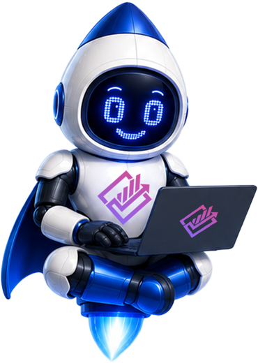 Nova, the Rank Edge mascot, holding a laptop